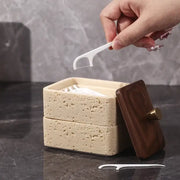 Beige and dark wood double decker natural stone jewelry organizer with textured concrete and gold-tone knob lid