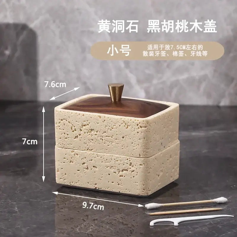 Beige textured ceramic toothbrush holder with dark wood lid and brass knob from double decker natural stone jewelry organizer