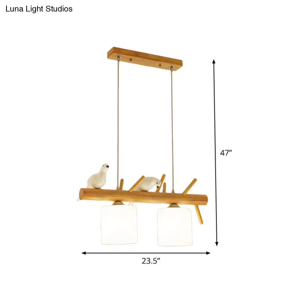 ديكوربايتس™ إضاءة جزيرة الطبلة البيج: مصباح معلق بسيط برأسين أو ثلاثة مع زجاج معتم وتصميم طائر على فرع خشبي