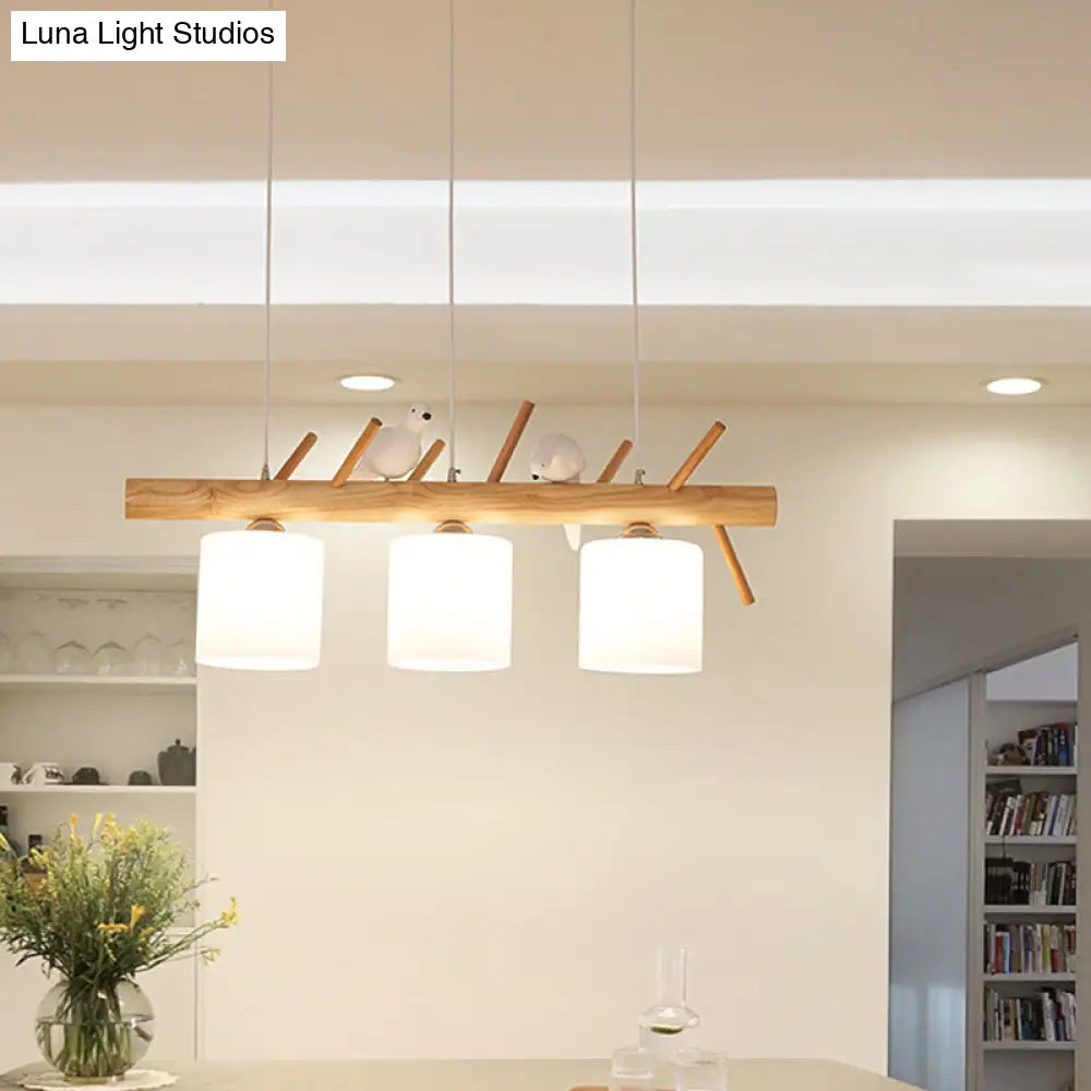 ديكوربايتس™ إضاءة جزيرة الطبلة البيج: مصباح معلق بسيط برأسين أو ثلاثة مع زجاج معتم وتصميم طائر على فرع خشبي