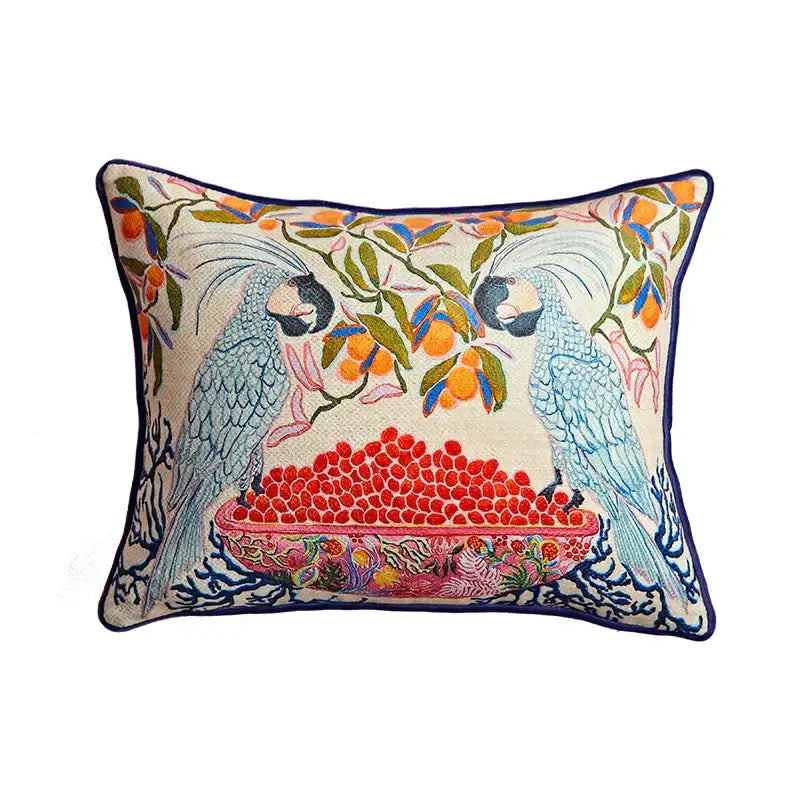 Beige egret bird pattern pillow case with embroidered blue parrots and orange trees for living room sofa decor