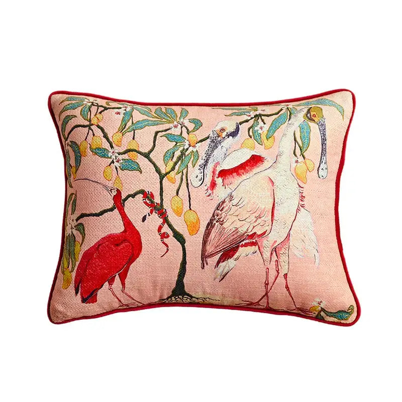Beige pillow case with a pink base and red border featuring embroidered egret bird pattern art for living room sofa