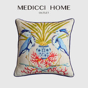 Beige pillow case with egret bird pattern embroidered and vibrant coral motifs for living room sofa decor