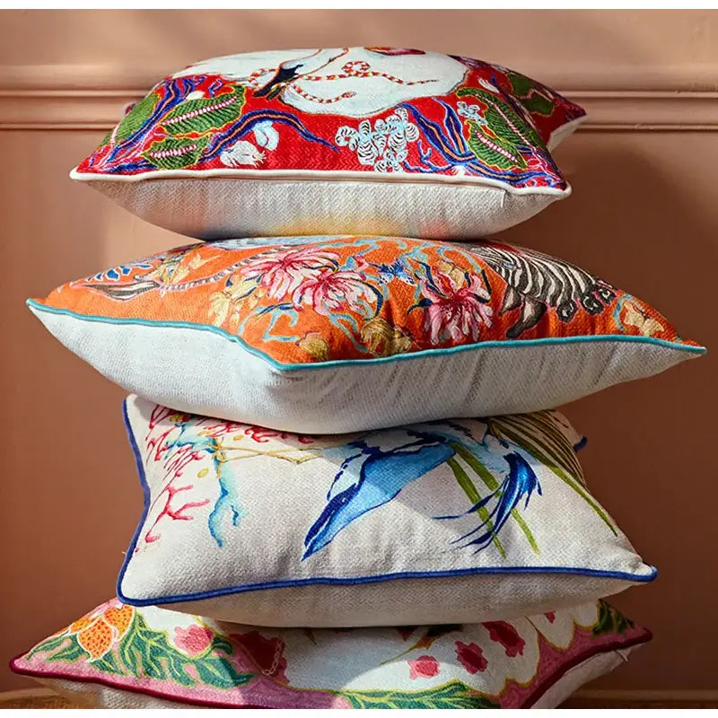 Beige pillow case with egret bird pattern art featuring vibrant embroidered floral and bird motifs for living room sofa