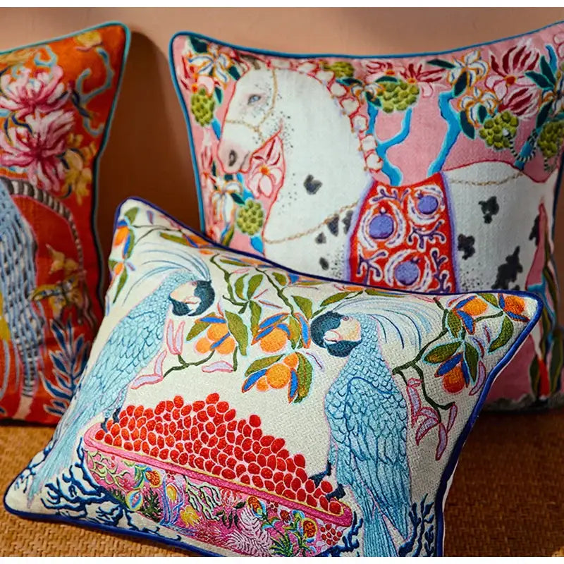 Beige egret bird pattern pillow case with vibrant blue parrots and bold pink turquoise borders for living room sofa