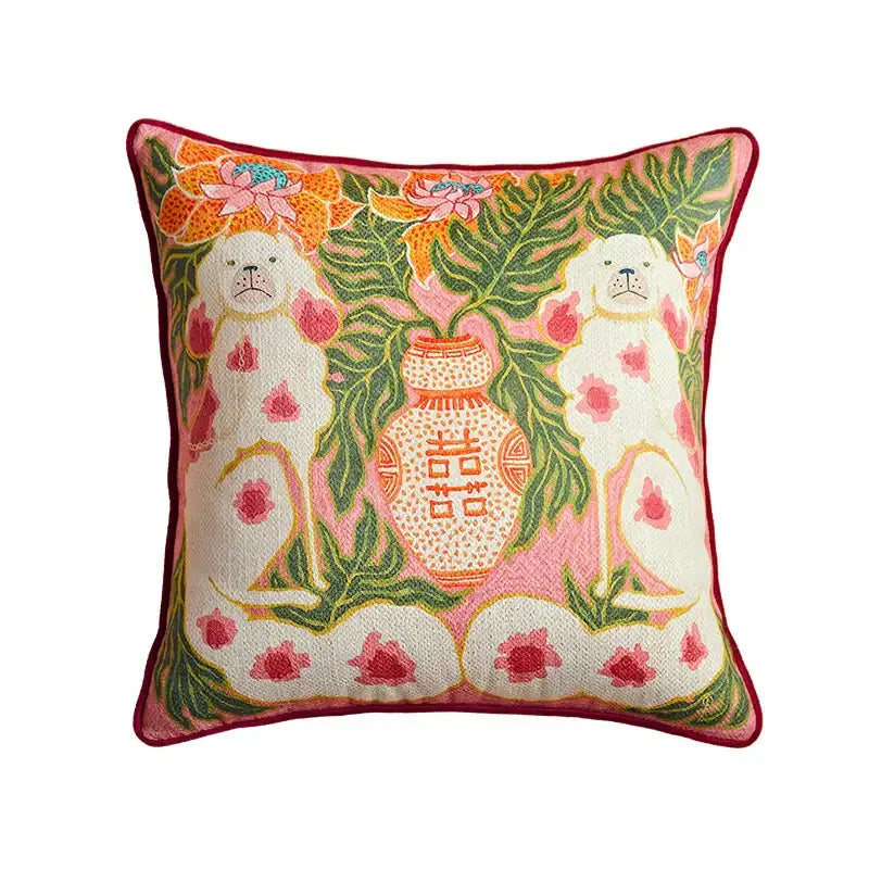 Beige egret bird pattern pillow case with vibrant pink embroidered design featuring dogs and floral motifs for living room sofa