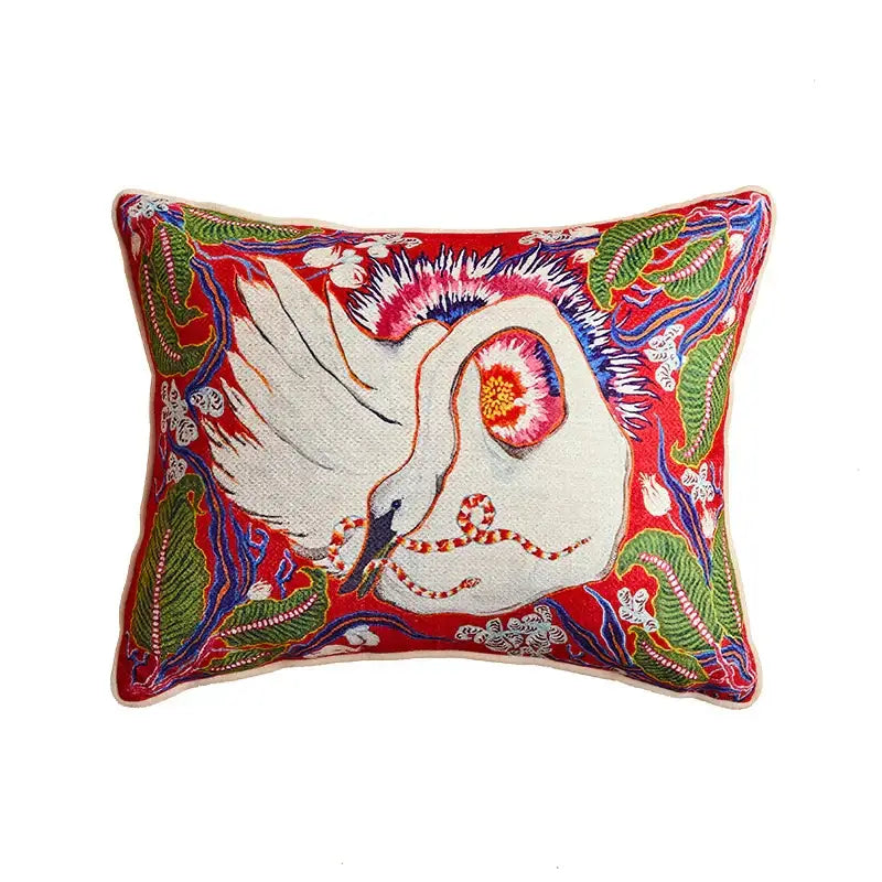 Vibrant red pillow case with white egret bird pattern embroidered with intricate floral and leaf art for living room sofa
