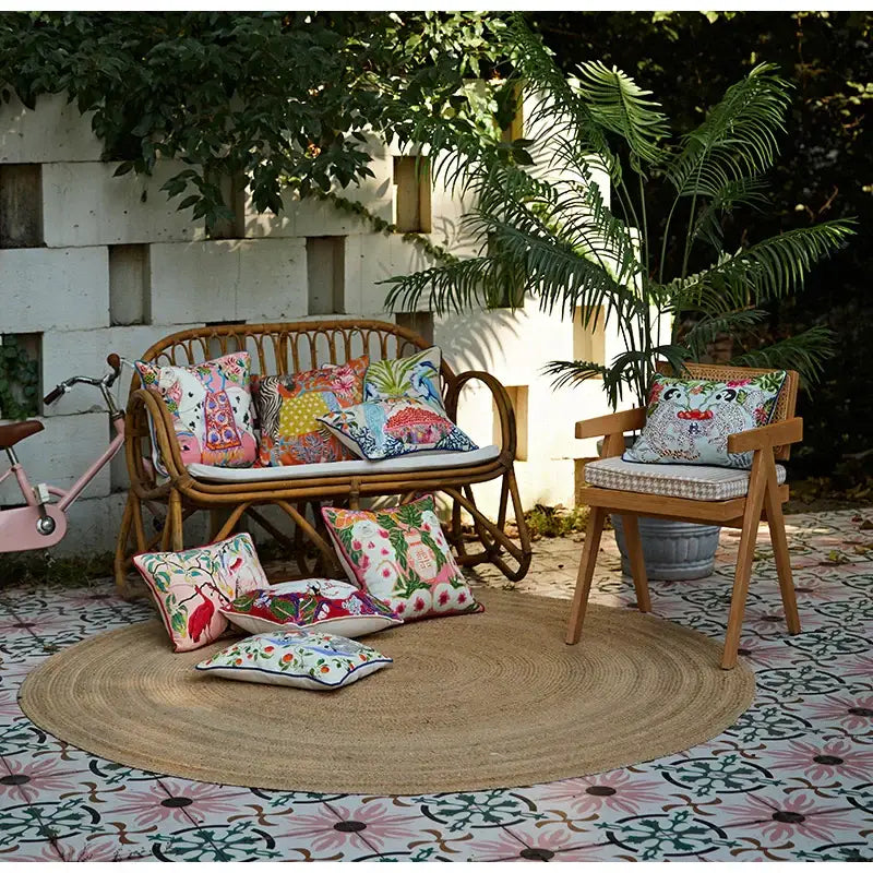Beige egret bird pattern pillow case on colorful cushions of woven rattan garden bench for living room sofa