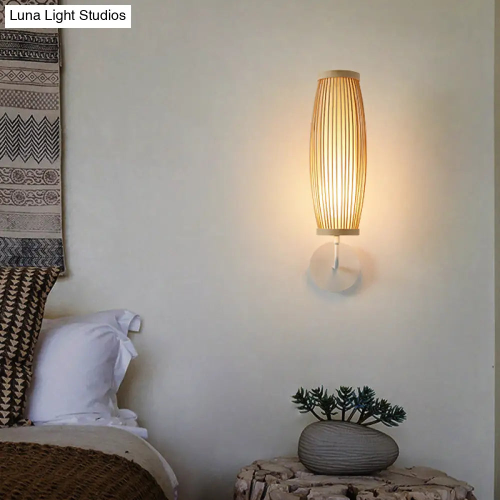 Beige Ellipsoid Wall Lamp Sconce: Asian Style Bamboo Wall Lighting for Bedroom