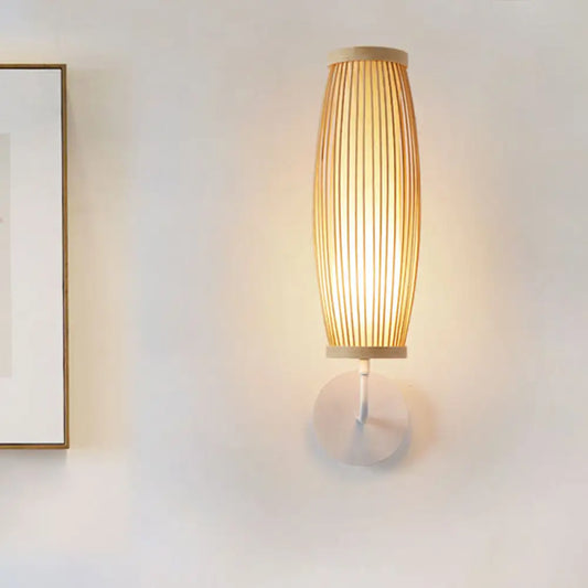 Beige Ellipsoid Wall Lamp Sconce: Asian Style Bamboo Wall Lighting for Bedroom
