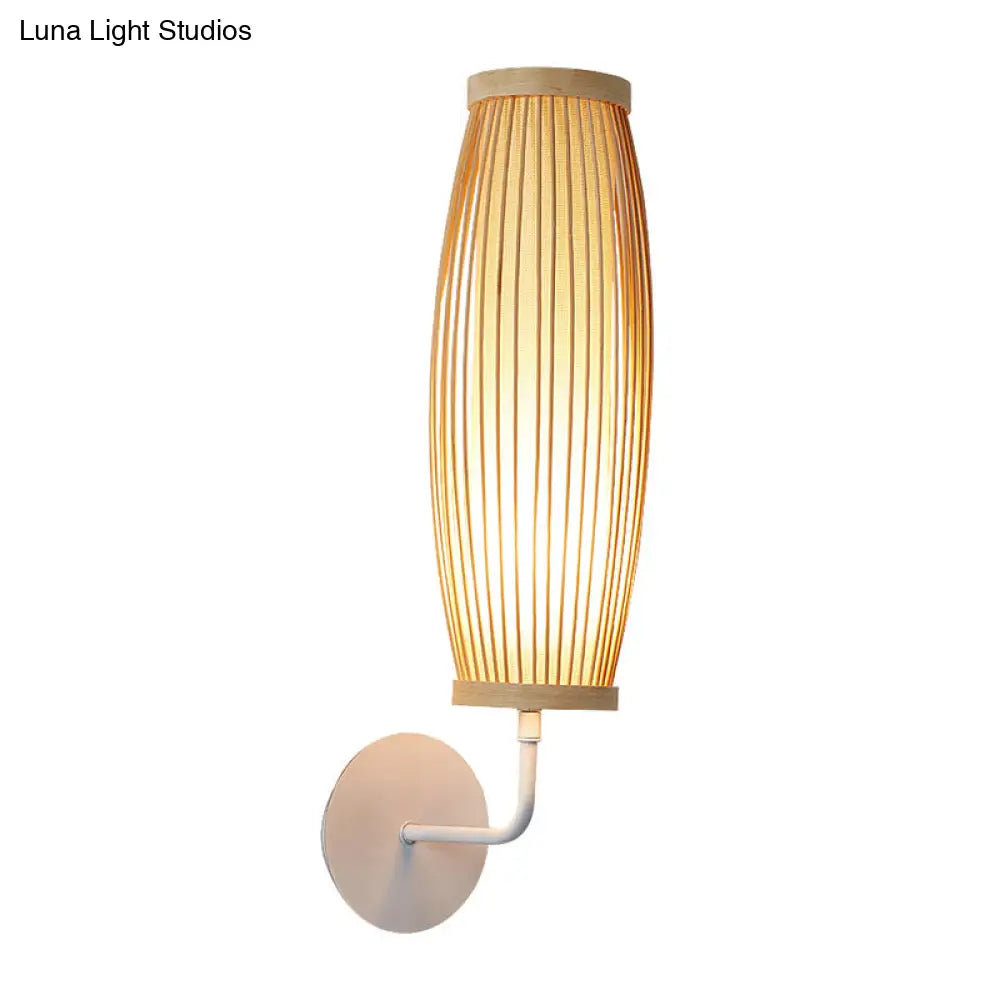 Beige Ellipsoid Wall Lamp Sconce: Asian Style Bamboo Wall Lighting for Bedroom