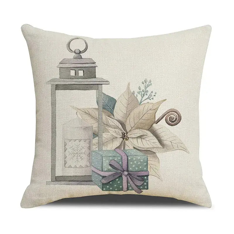 Beige linen throw pillow with embroidered cartoon birds christmas design featuring lantern poinsettia gift decorbites decor
