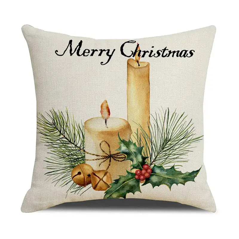 Beige linen throw pillow with festive cartoon birds christmas design featuring candles pine branches and jingle bells decorbites cartoon birds