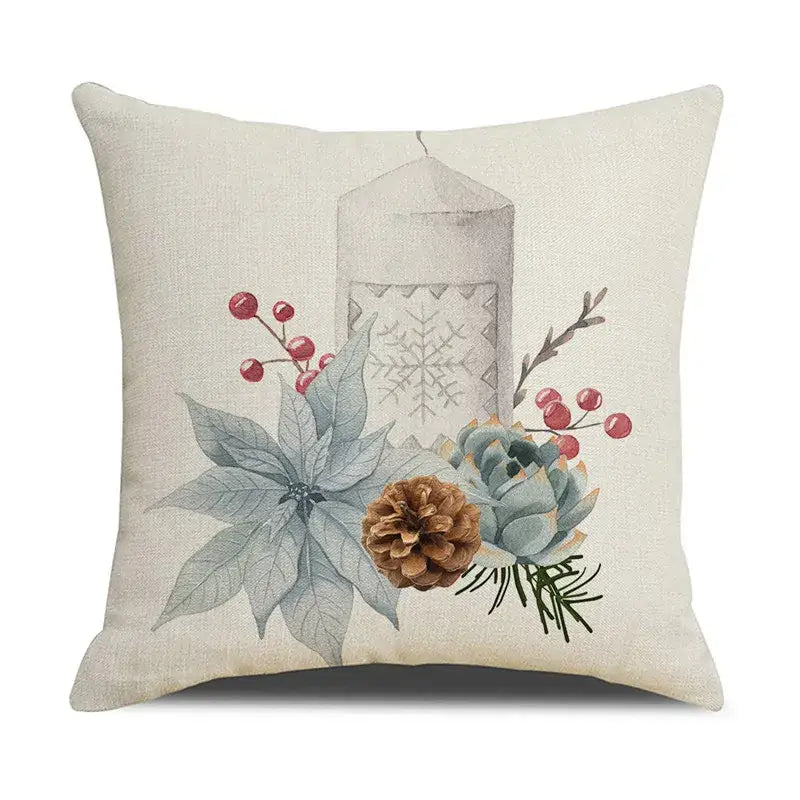 Beige linen throw pillow with watercolor candle pinecones poinsettia leaves and red berries decorbites cartoon birds christmas decor