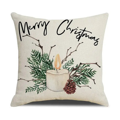 Beige embroidered linen throw pillowcase with merry christmas design and pinecone decorbites cartoon birds christmas