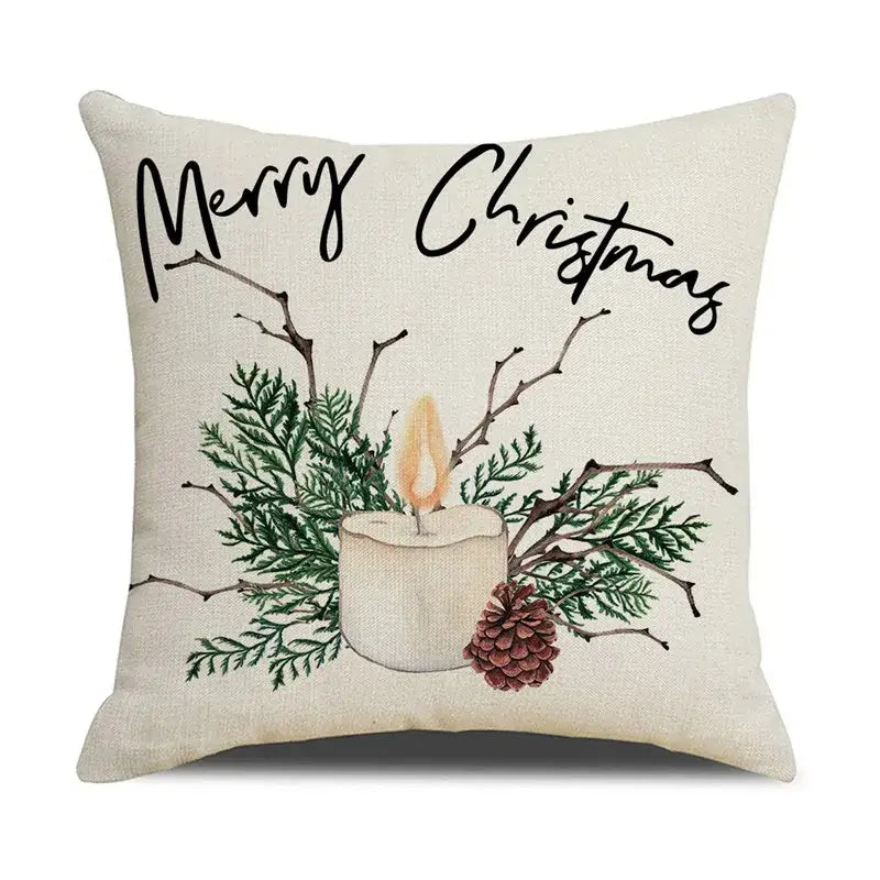 Beige embroidered linen throw pillowcase with merry christmas design and pinecone decorbites cartoon birds christmas
