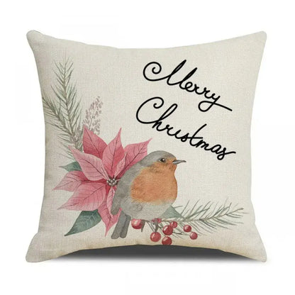 Beige linen birds christmas pillowcase with decorbites cartoon birds robin and holiday greenery for living room decor