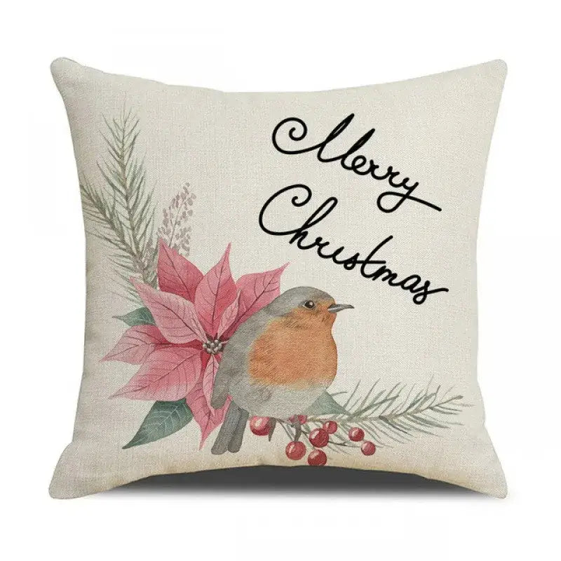 Beige linen birds christmas pillowcase with decorbites cartoon birds robin and holiday greenery for living room decor