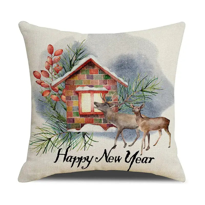 Beige linen throw pillow with watercolor deer and brick house design featuring pine branches and birds christmas pillowcase decorbites cartoon birds
