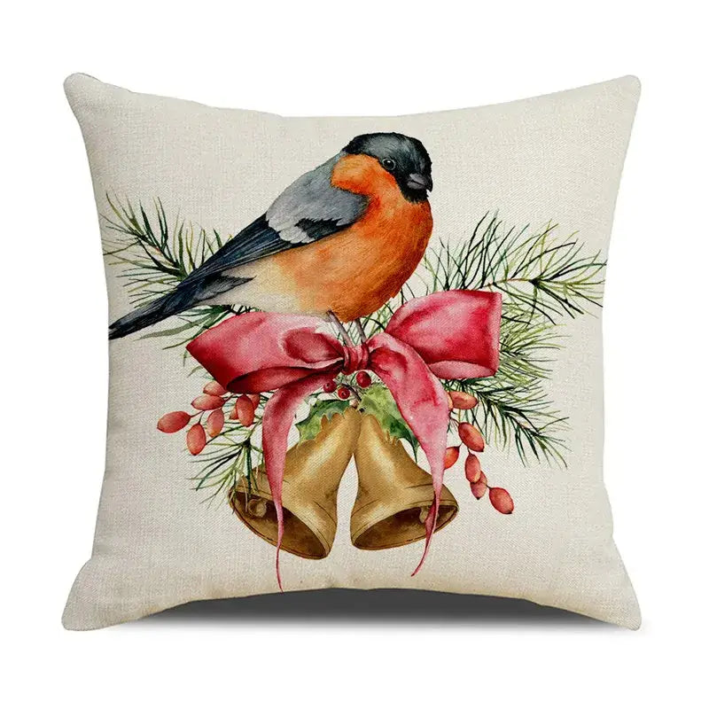 Beige linen throw pillow with decorbites cartoon birds christmas watercolor of orange gray bird on festive greenery