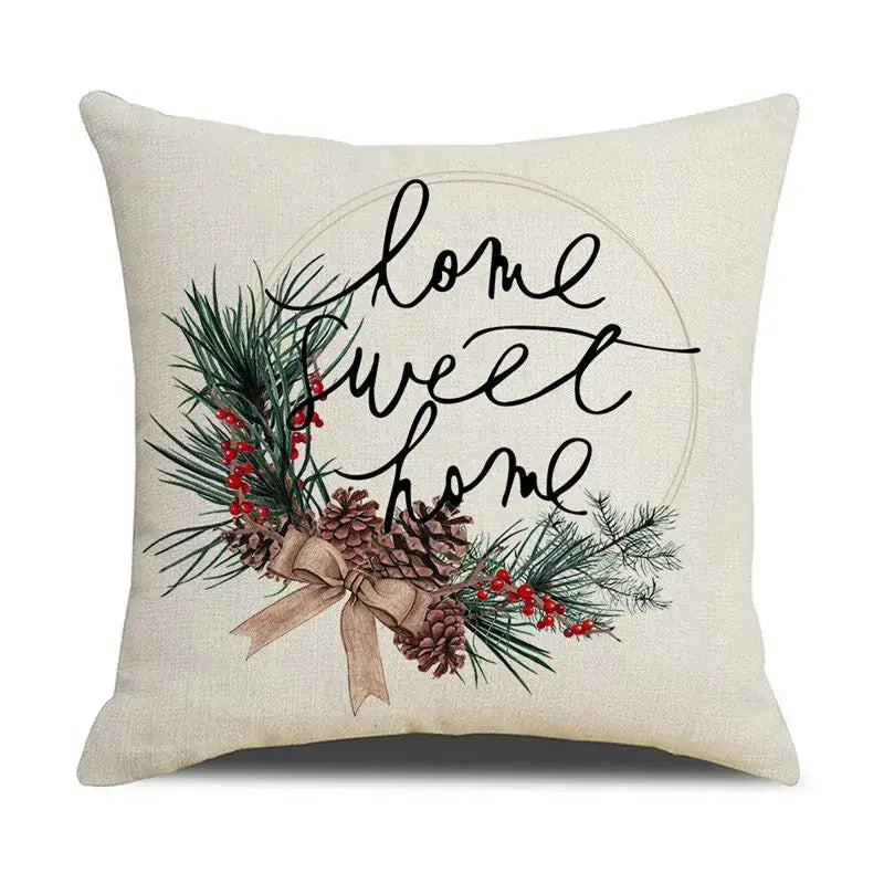 Beige linen throw pillow with embroidered home sweet home design and pine decorbites cartoon birds christmas pillowcase