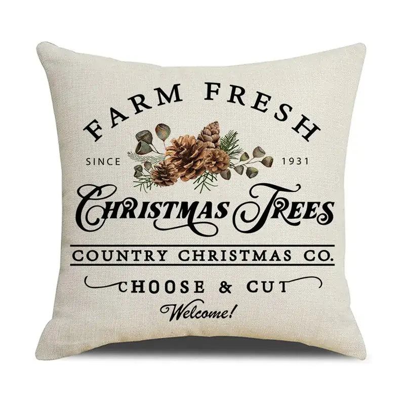 Beige linen birds christmas pillowcase with rustic farm fresh trees design and brown pinecone decorbites cartoon birds style