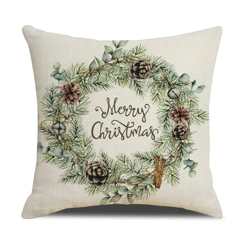 Beige linen throw pillow with festive wreath design featuring green pine needles brown pinecones and silver bells decorbites cartoon birds christmas pillowcase