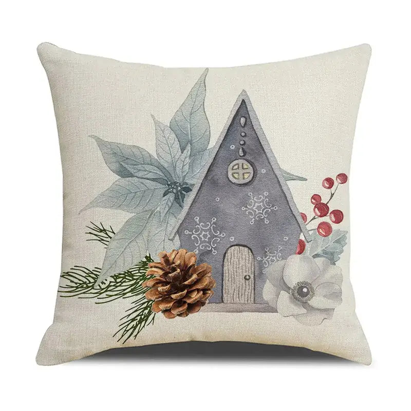 Beige linen throw pillow with gray a-frame house and festive winter elements for decorbites cartoon birds christmas decor