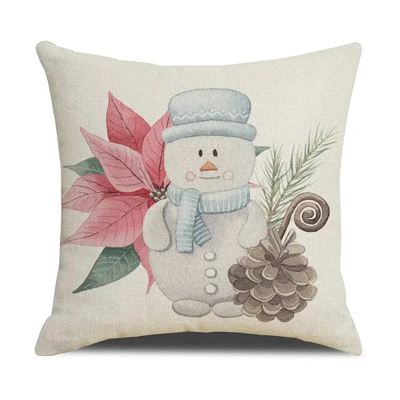 Beige linen throw pillow with embroidered snowman and pink poinsettia leaves for decorbites cartoon birds christmas decor