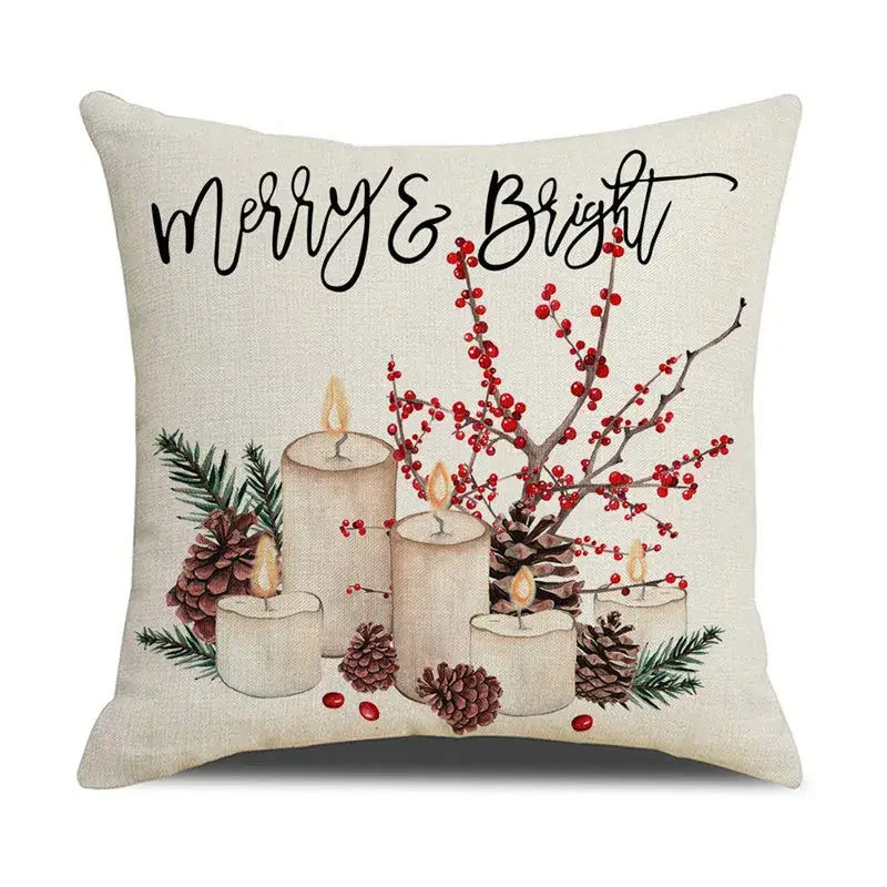 Beige linen cartoon birds christmas pillowcase with merry and bright embroidery featuring candles berries pinecones decorbites cartoon birds