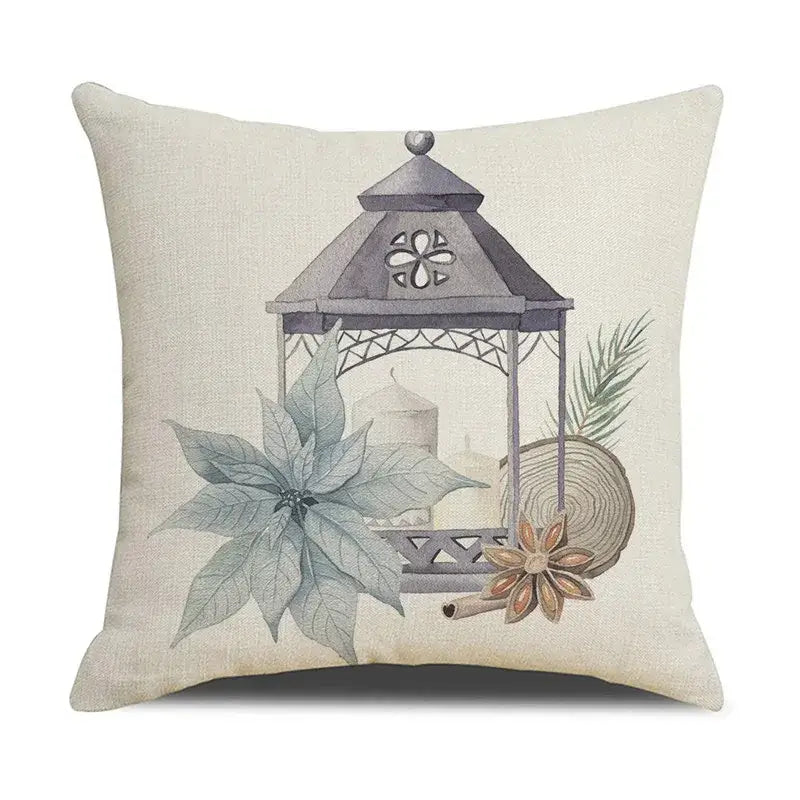 Beige linen throw pillow with watercolor gray lantern and festive decor features decorbites cartoon birds christmas design