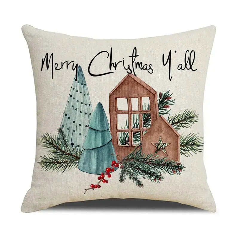 Beige linen birds christmas pillowcase with embroidered cartoon birds and festive holiday decorbites design for living room decor