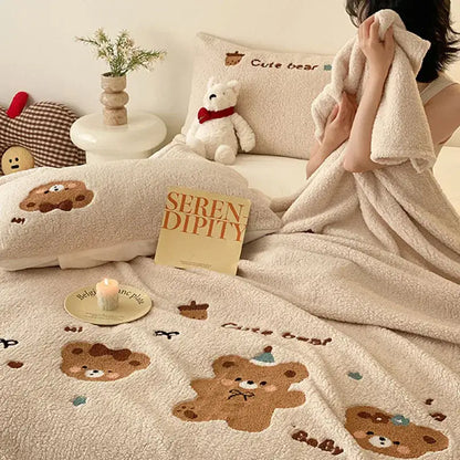 Beige embroidered teddy fleece blanket featuring cream plush fabric with cozy teddy fleece brown bear decorbites designs