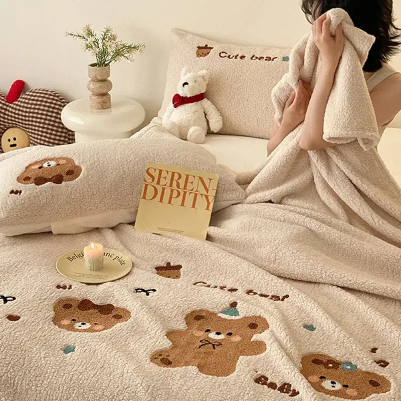 Beige embroidered teddy fleece blanket featuring cream plush fabric with cozy teddy fleece brown bear decorbites designs