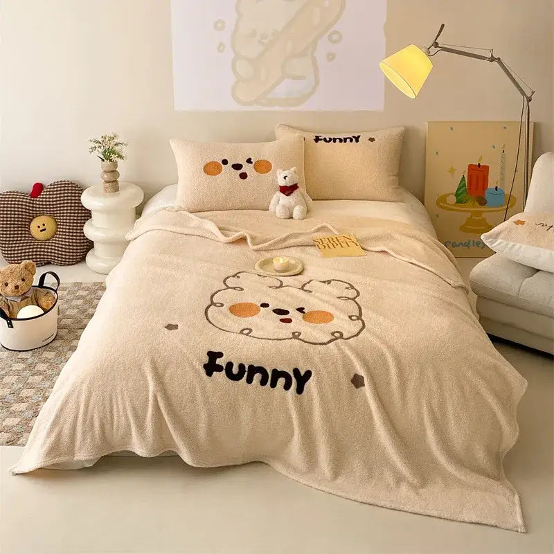 Beige embroidered teddy fleece blanket with cute cartoon bear face and funny text perfect for decorbites cozy teddy use