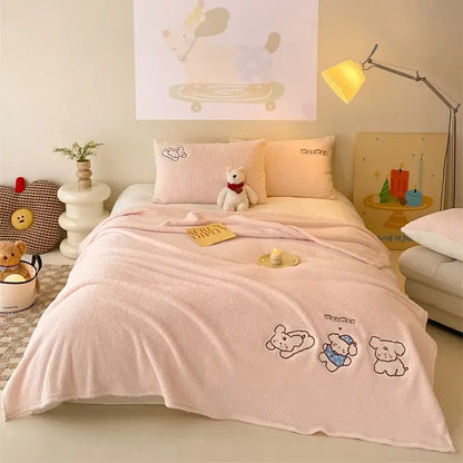 Soft pink plush teddy fleece blanket with embroidered cartoon dog designs for cozy teddy fleece decorbites bedding
