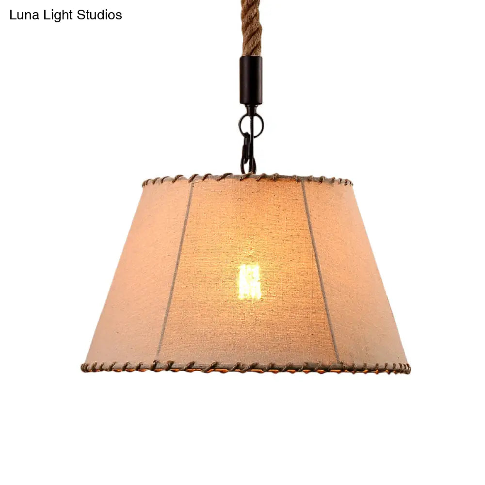 Beige Fabric Hanging Pendant Light with Adjustable Rope - Lodge Style, 1 Head, Tapered Shade