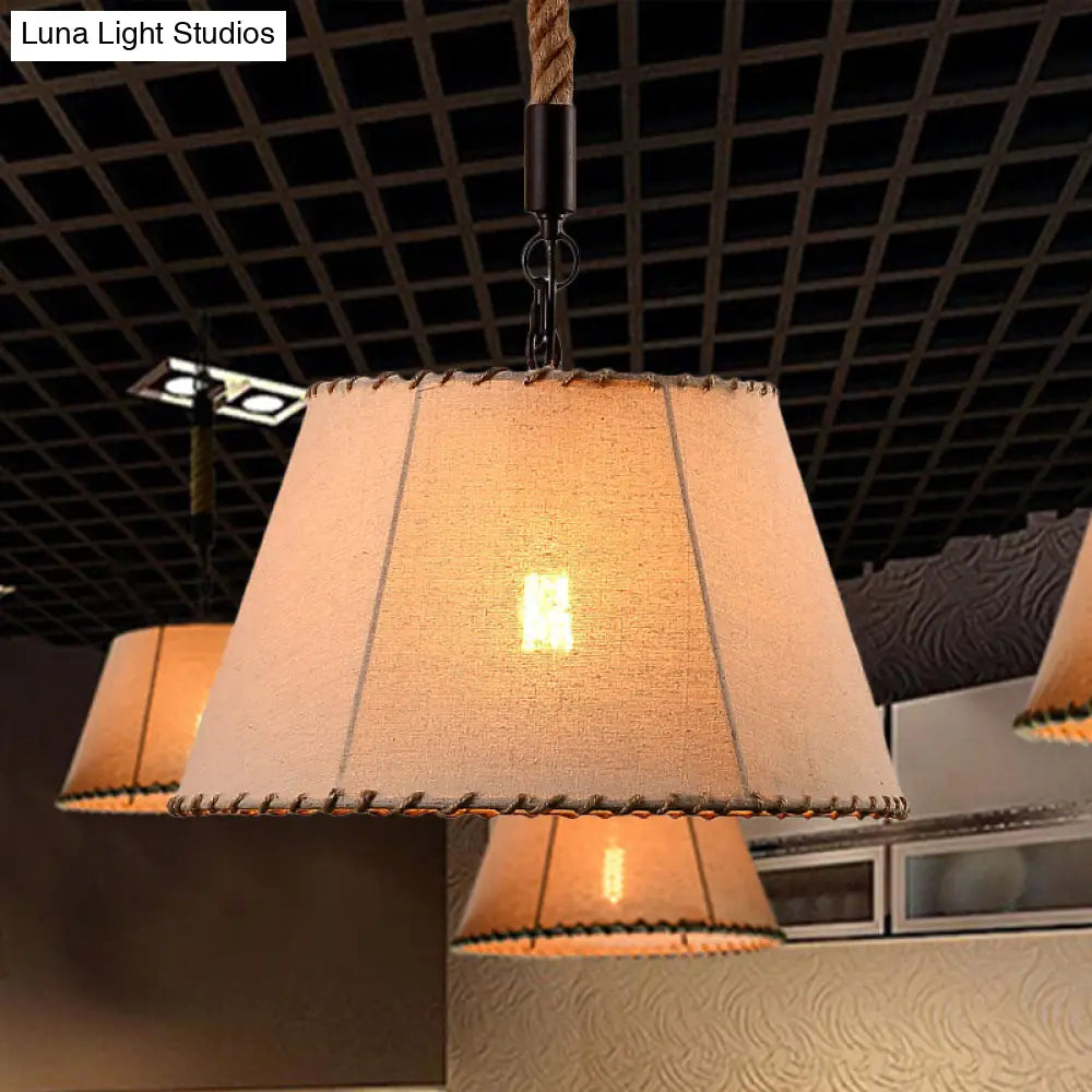 Beige Fabric Hanging Pendant Light with Adjustable Rope - Lodge Style, 1 Head, Tapered Shade