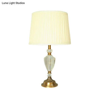 Beige Fabric Nightstand Lamp with Crystal Deco - Simple Pleated Shade Table Light