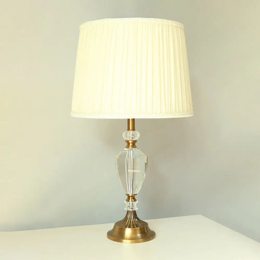 Beige Fabric Nightstand Lamp with Crystal Deco - Simple Pleated Shade Table Light