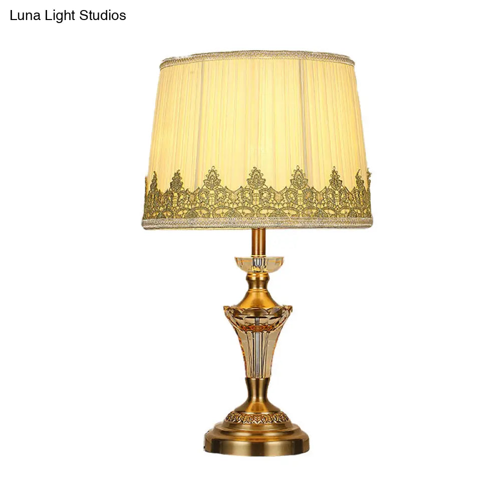 Beige Fabric Table Lamp - Minimalist Tapered Drum Design with Crystal Base