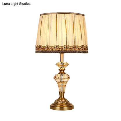 Beige Fabric Table Lamp - Minimalist Tapered Drum Design with Crystal Base