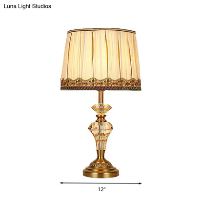 Beige Fabric Table Lamp - Minimalist Tapered Drum Design with Crystal Base