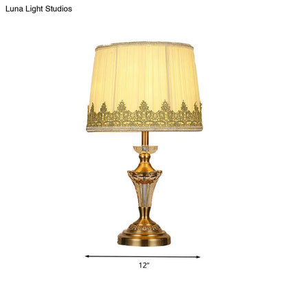 Beige Fabric Table Lamp - Minimalist Tapered Drum Design with Crystal Base