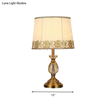 Beige Fabric Table Lamp - Minimalist Tapered Drum Design with Crystal Base
