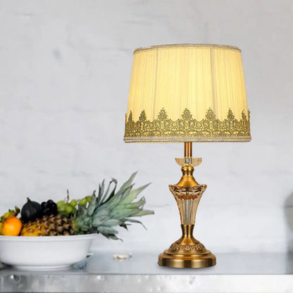 Beige Fabric Table Lamp - Minimalist Tapered Drum Design with Crystal Base
