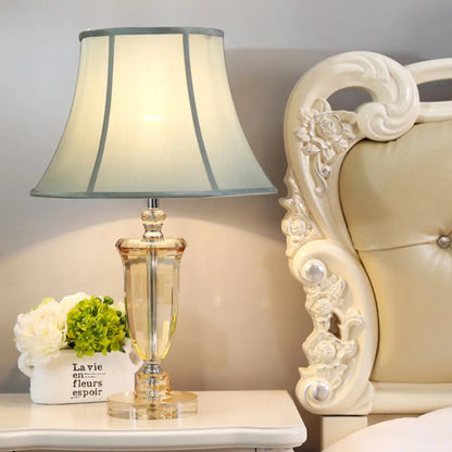 Beige Fabric Table Lamp with Crystal Base - Simple Nightstand Light