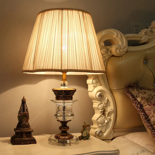 Beige Fabric Table Lamp with Crystal Base - Single Bulb Tapered Night Light, Traditional Style