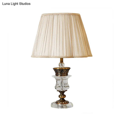 Beige Fabric Table Lamp with Crystal Base - Single Bulb Tapered Night Light, Traditional Style