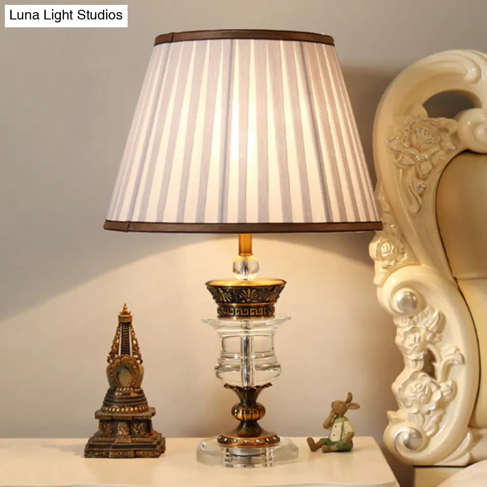 Beige Fabric Table Lamp with Crystal Base - Single Bulb Tapered Night Light, Traditional Style